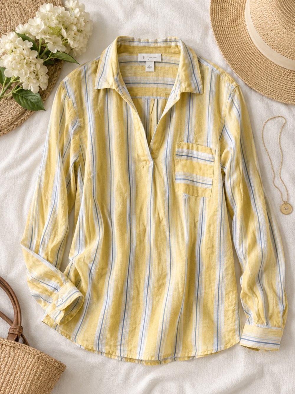 J.Jill Love Linen 100% Linen Yellow Blue Striped Popover Blouse XL